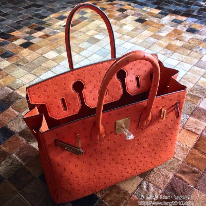 HERMES愛馬仕 鉑金包 Birkin 30 南非原產KK級鴕鳥皮 頂級工藝 血橙 手縫蠟線 手提包  Ama1237